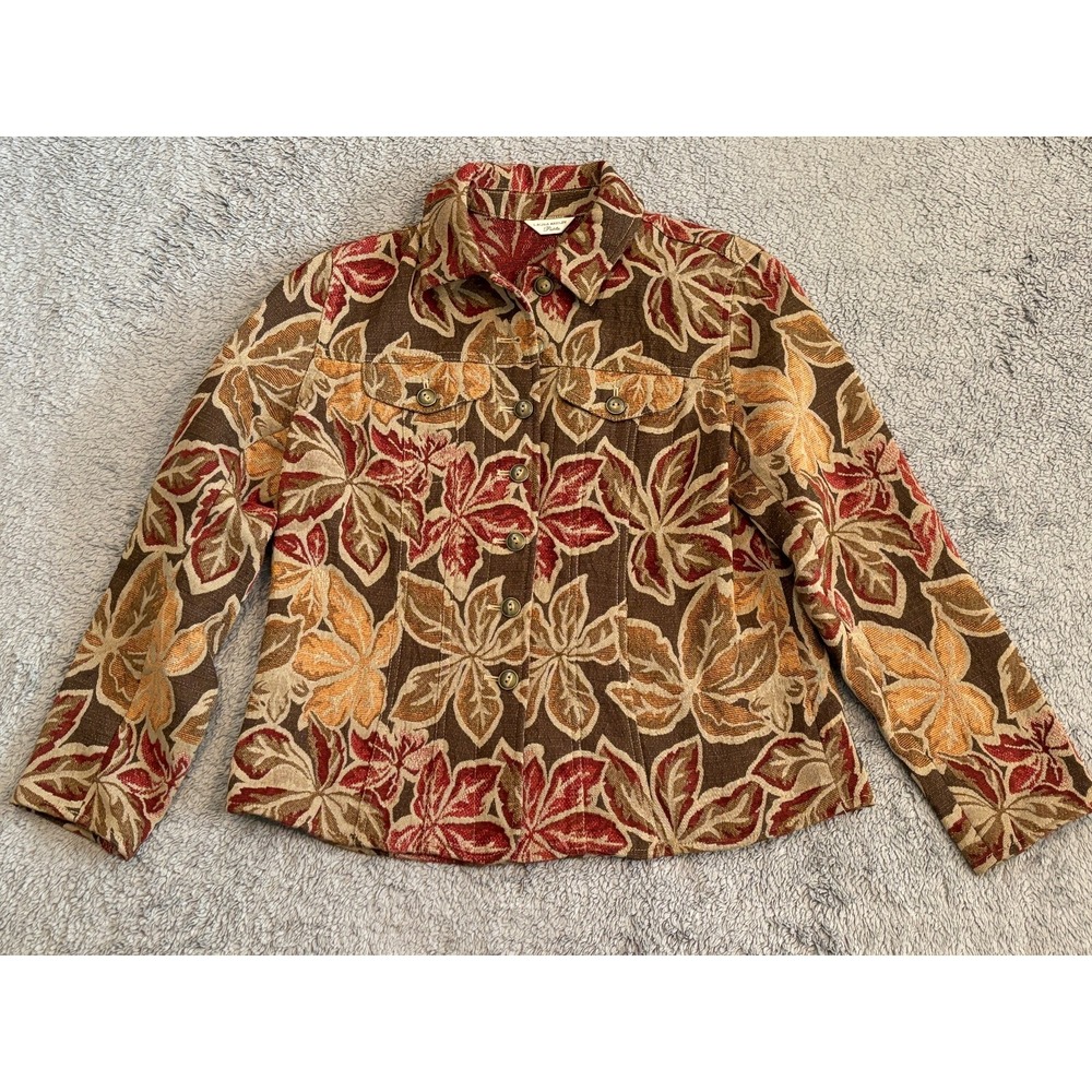Laura Ashley Petite Jacket Womens PM Brown Floral Button Blazer Rayon Poly PM
